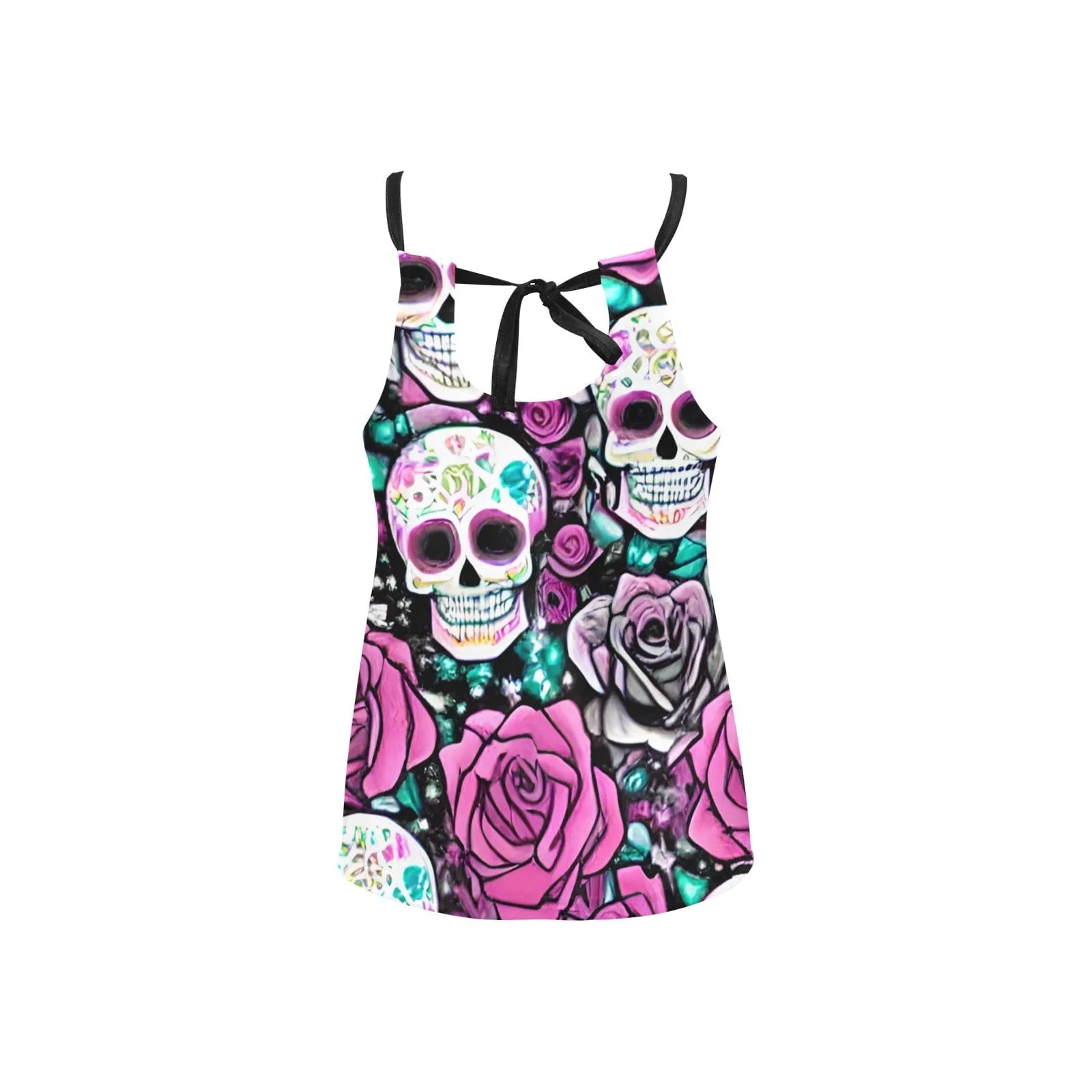 Pink Roses and Skulls Loose Fit Halter Neck Tank Top