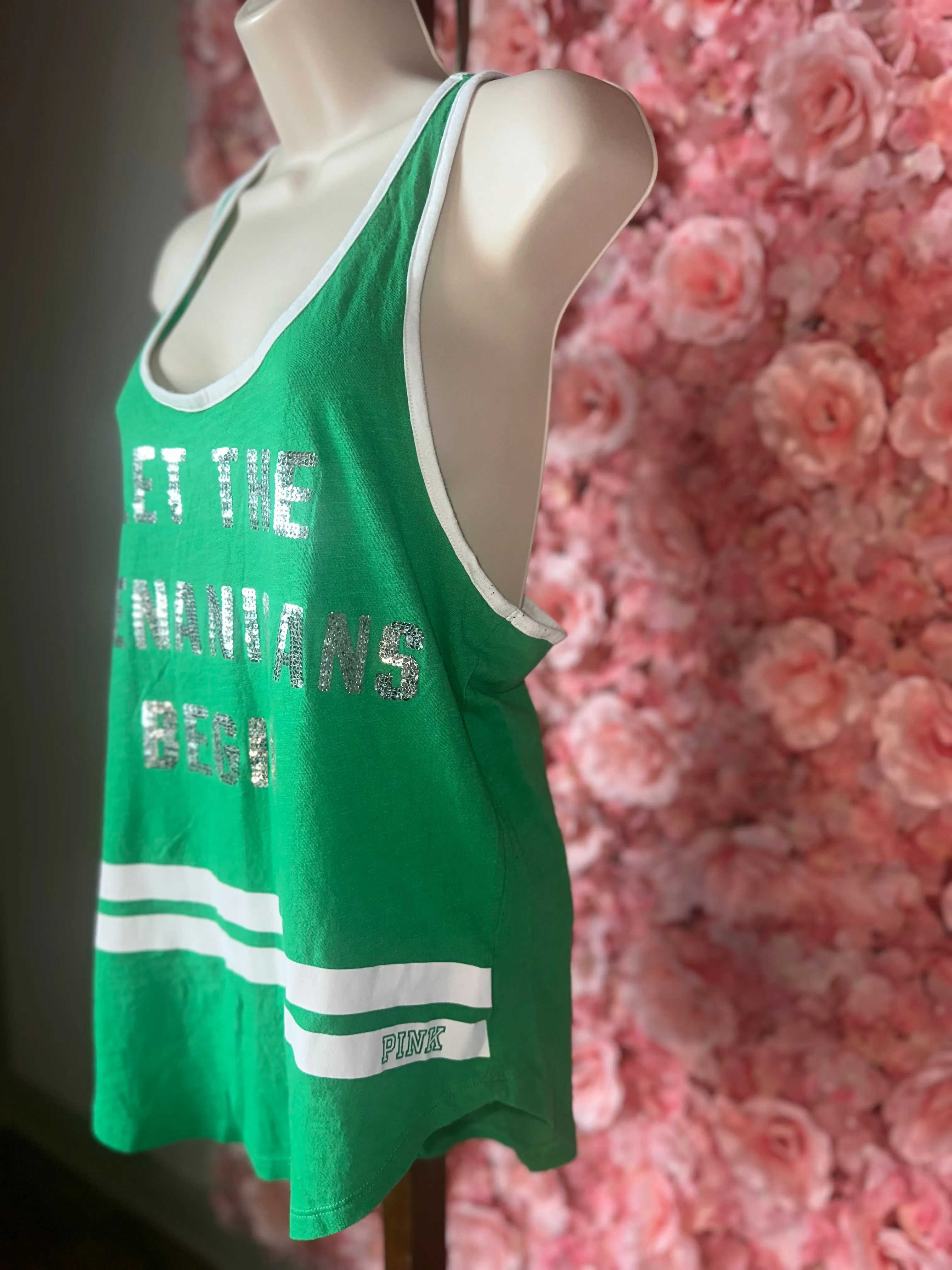 PINK VS (Medium) Green St. Patty Tank Sequin ‘Let The Shenanigan’s Begin’