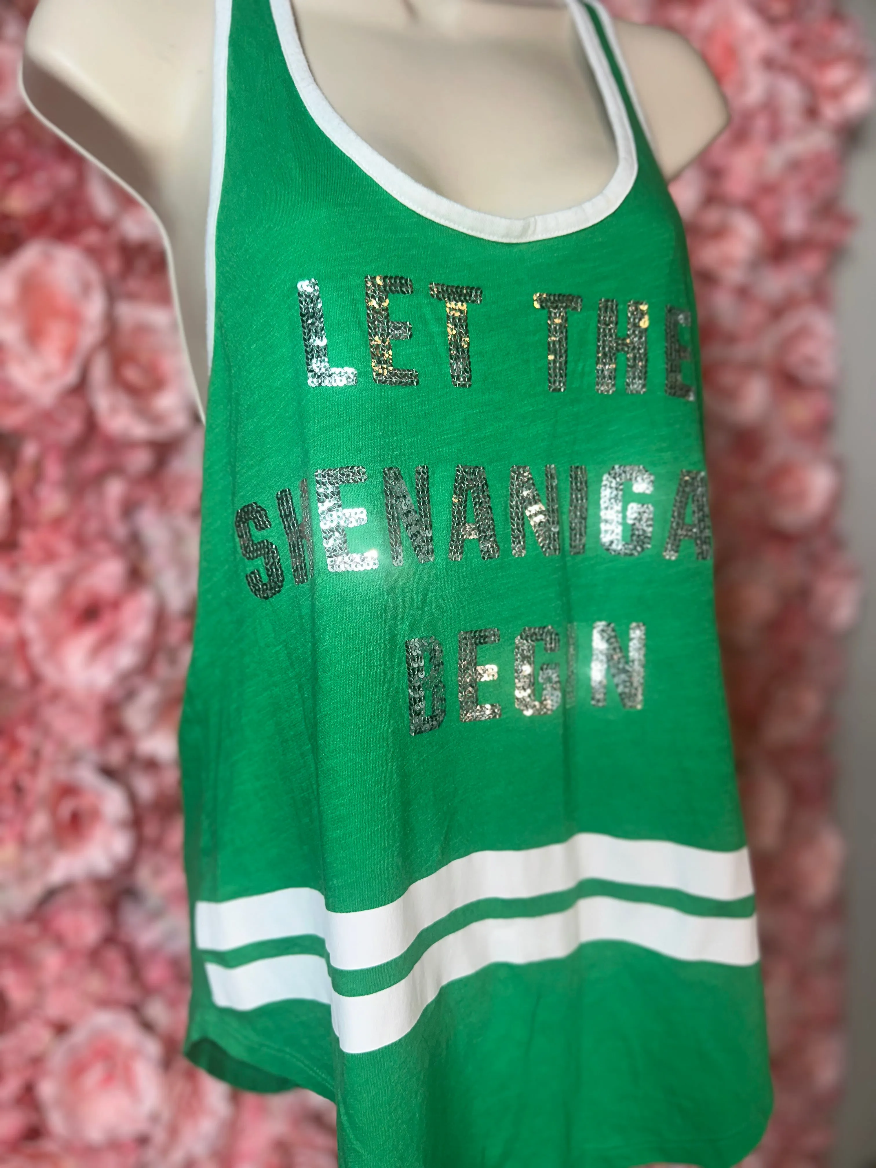 PINK VS (Medium) Green St. Patty Tank Sequin ‘Let The Shenanigan’s Begin’