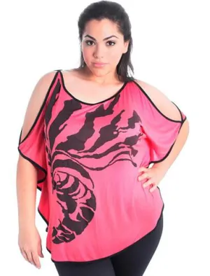 Plus Size Trendy Loose Open Shoulder Pink Top