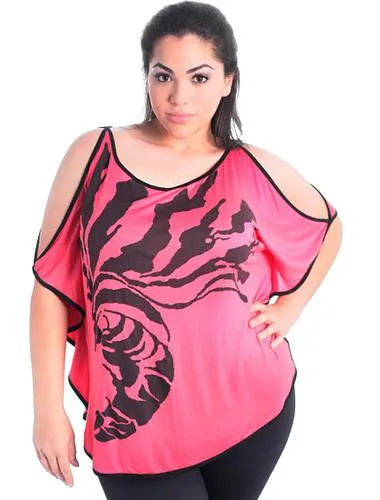 Plus Size Trendy Loose Open Shoulder Pink Top