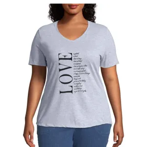 Plus V neck Short Sleeves Graphic T-Shirt-Grey Love Poem