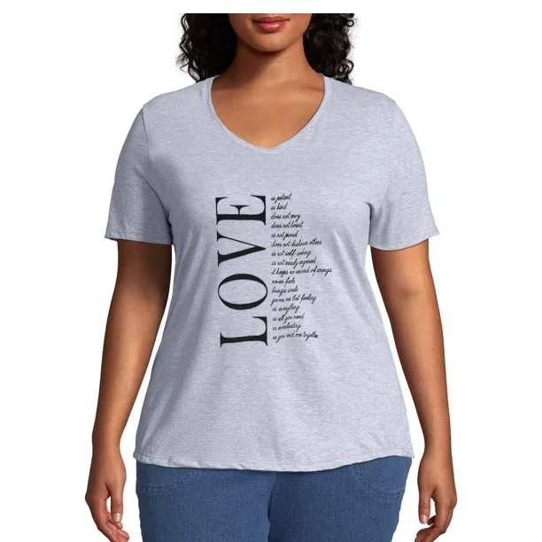 Plus V neck Short Sleeves Graphic T-Shirt-Grey Love Poem