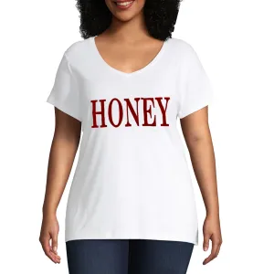 Plus V neck Short Sleeves Graphic T-Shirt-Honey