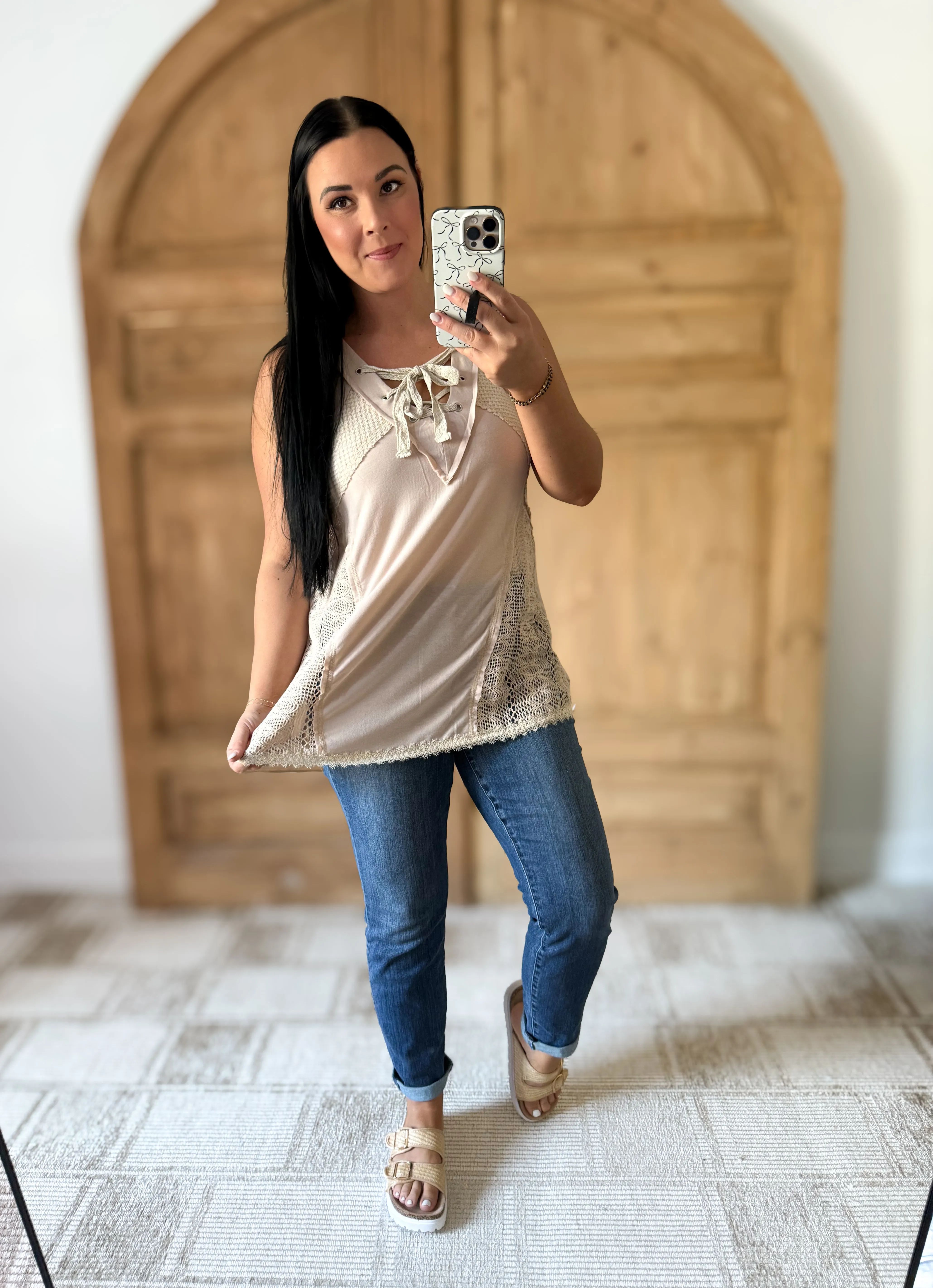 POL Lace Up Crochet Lace Tank
