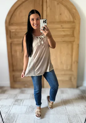 POL Lace Up Crochet Lace Tank
