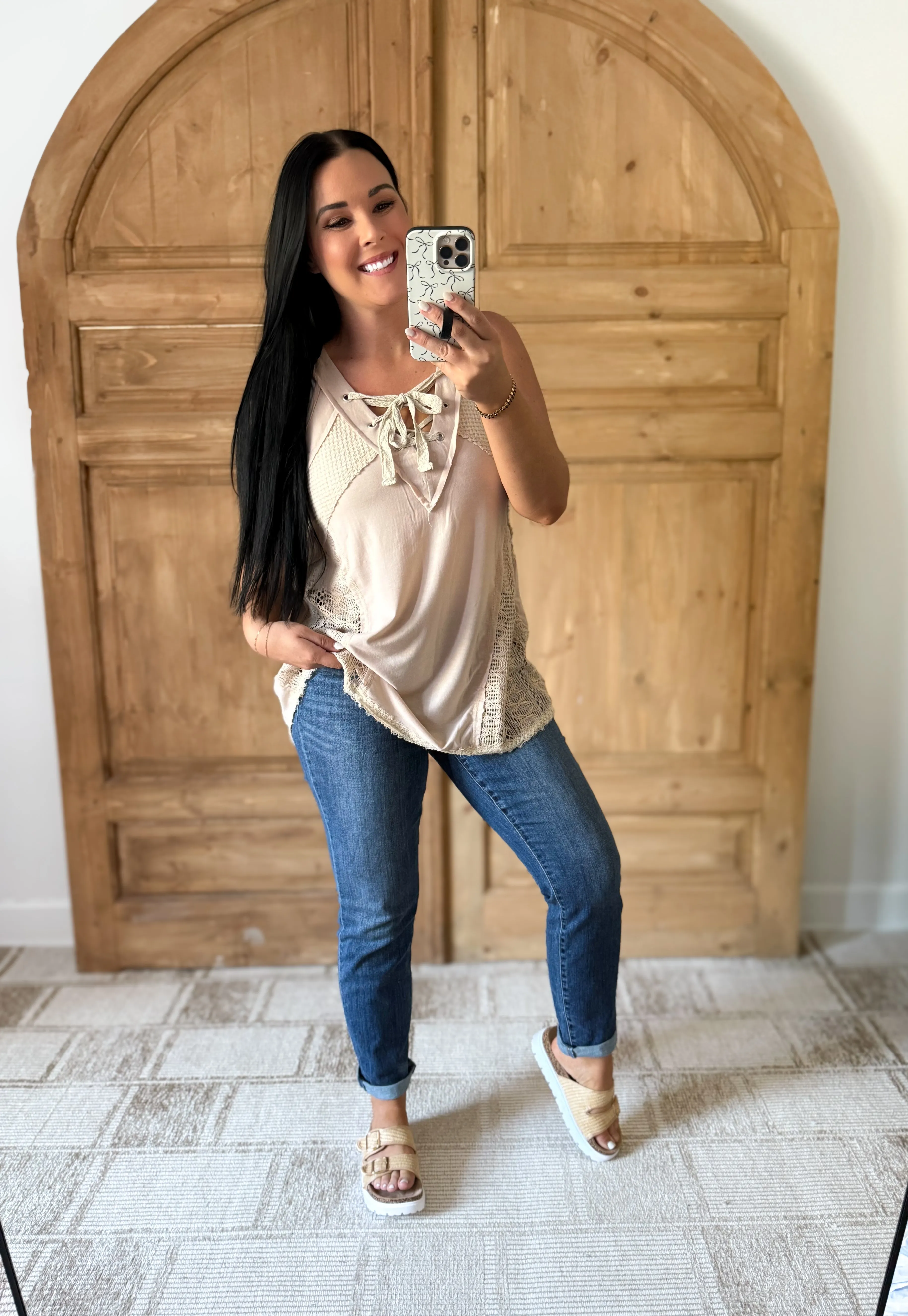 POL Lace Up Crochet Lace Tank