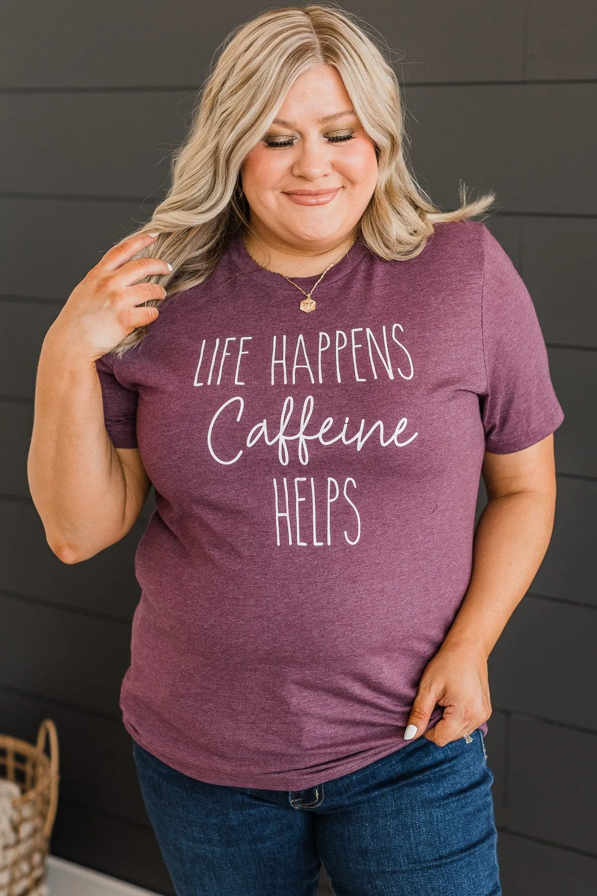 "Life Happens, Caffeine Helps" Graphic Tee- Plum