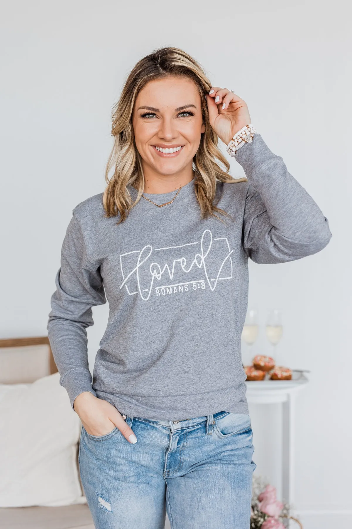"Loved" Graphic Long Sleeve Top- Grey