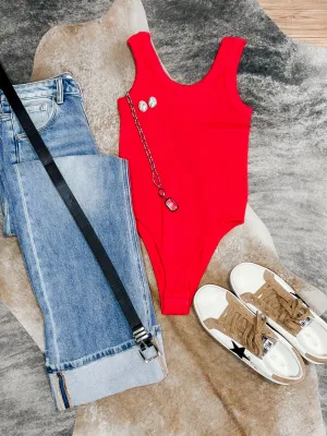 Red Thick Banded Ribbed Scoop Neck Tank Top Bodysuit