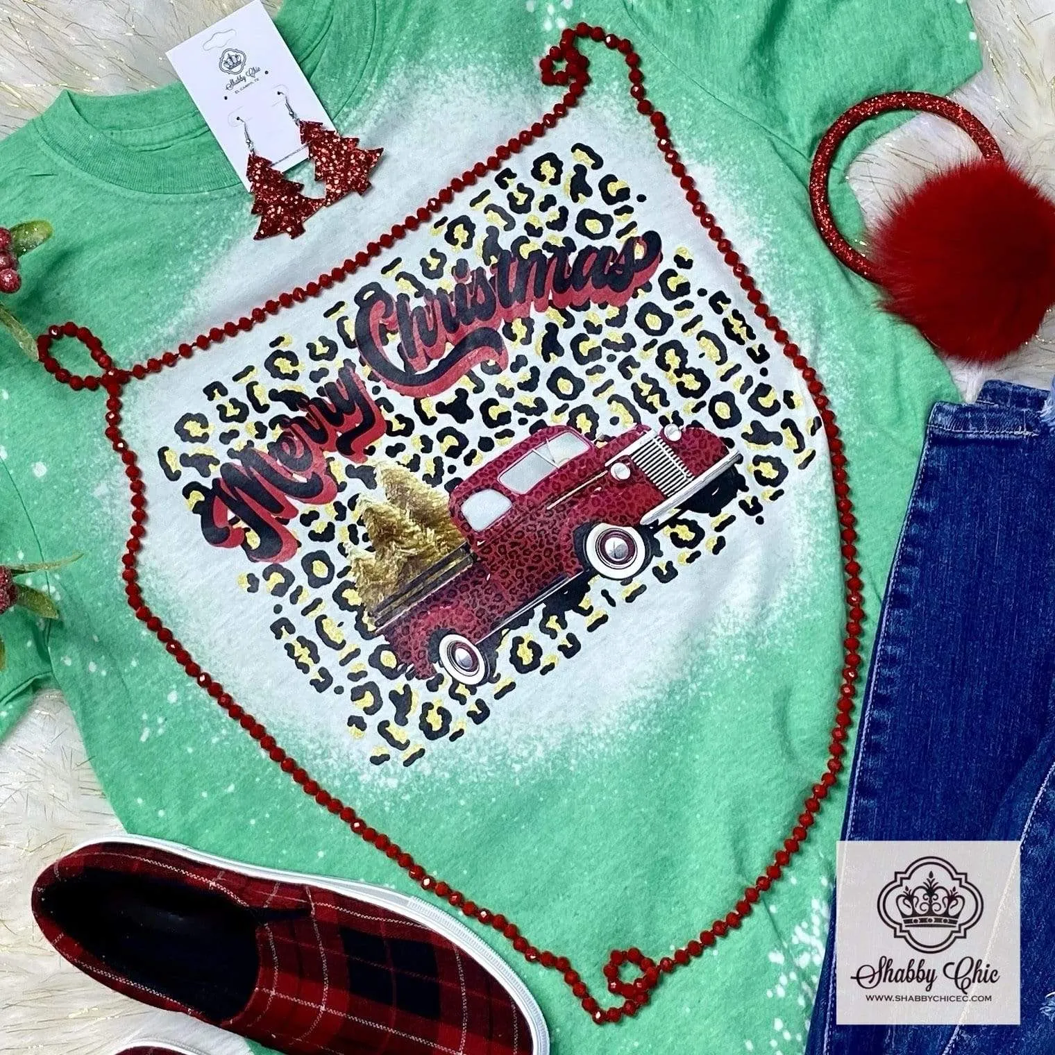 Red Truck Leopard Merry Christmas Tee  - bleached