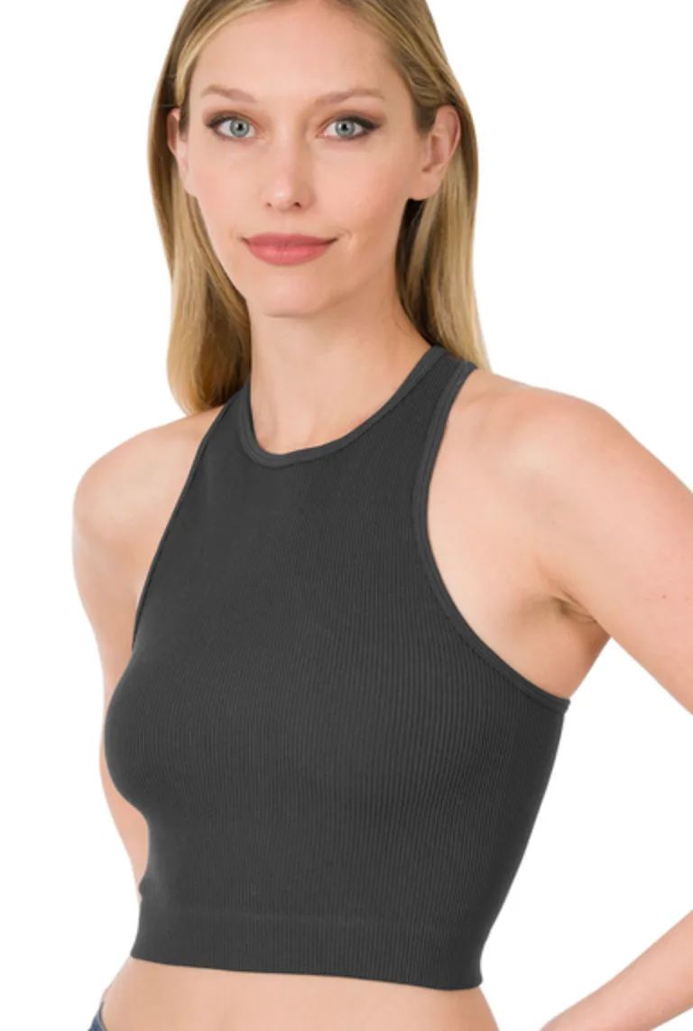 Ribbed High Neck Cropped Tank Top-Multiple Colors Available