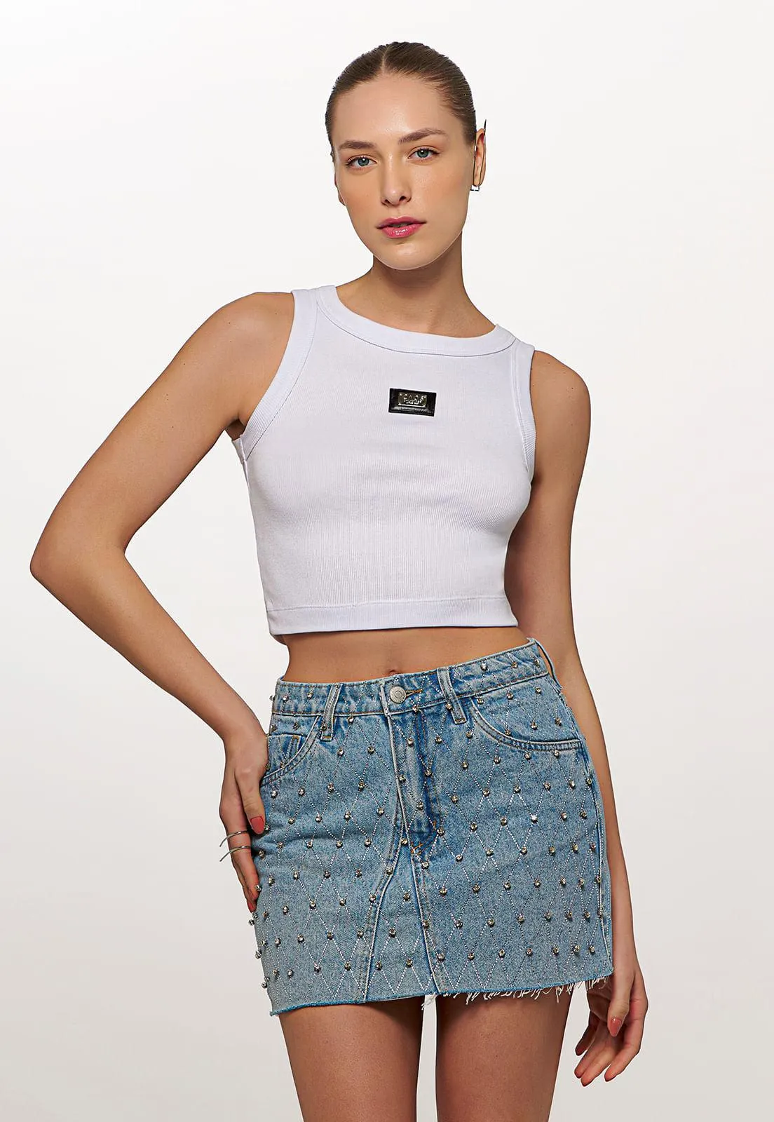 Ribbed Knit Crop Top with Leather Plaque