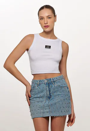 Ribbed Knit Crop Top with Leather Plaque