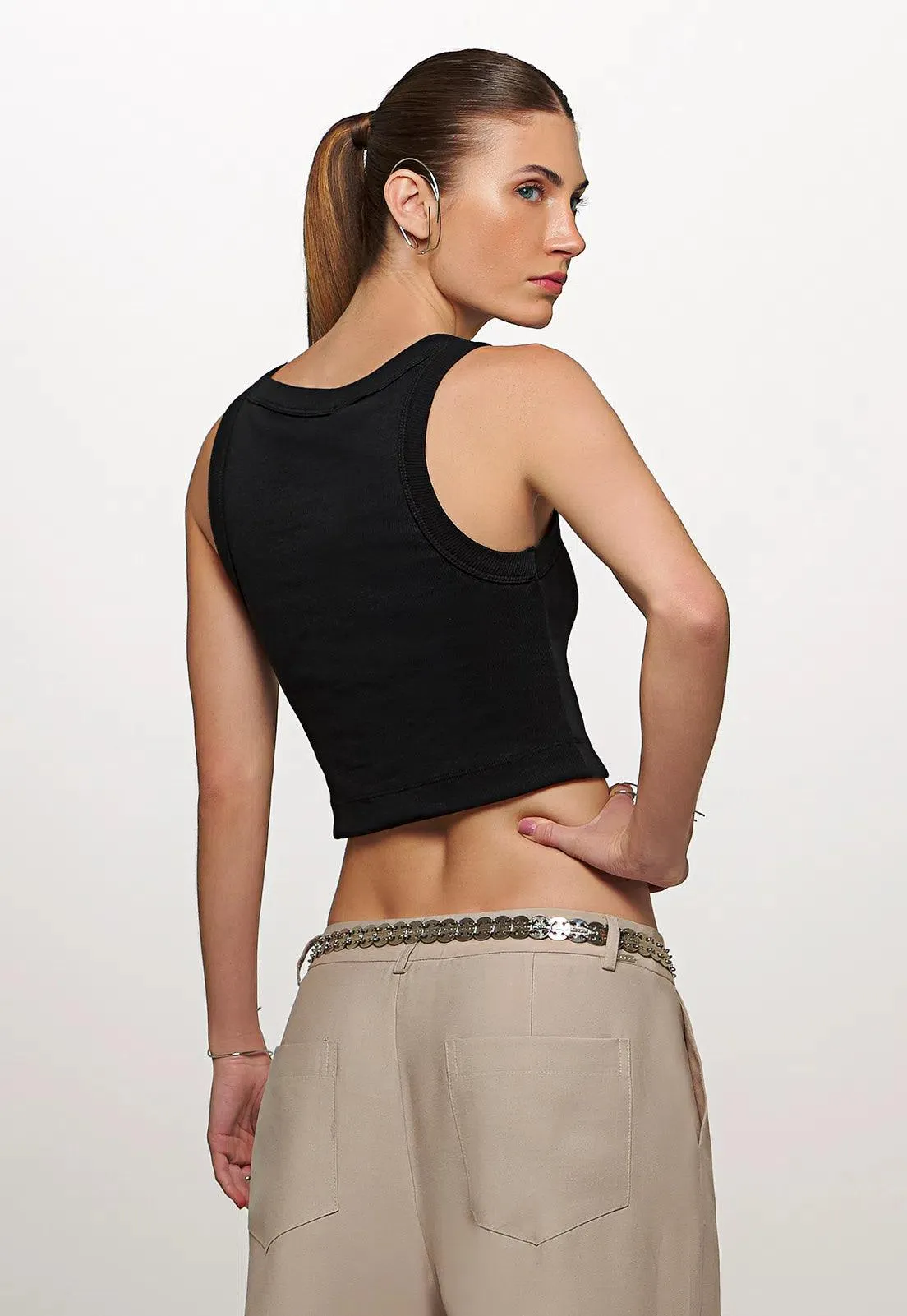Ribbed Knit Crop Top with Leather Plaque