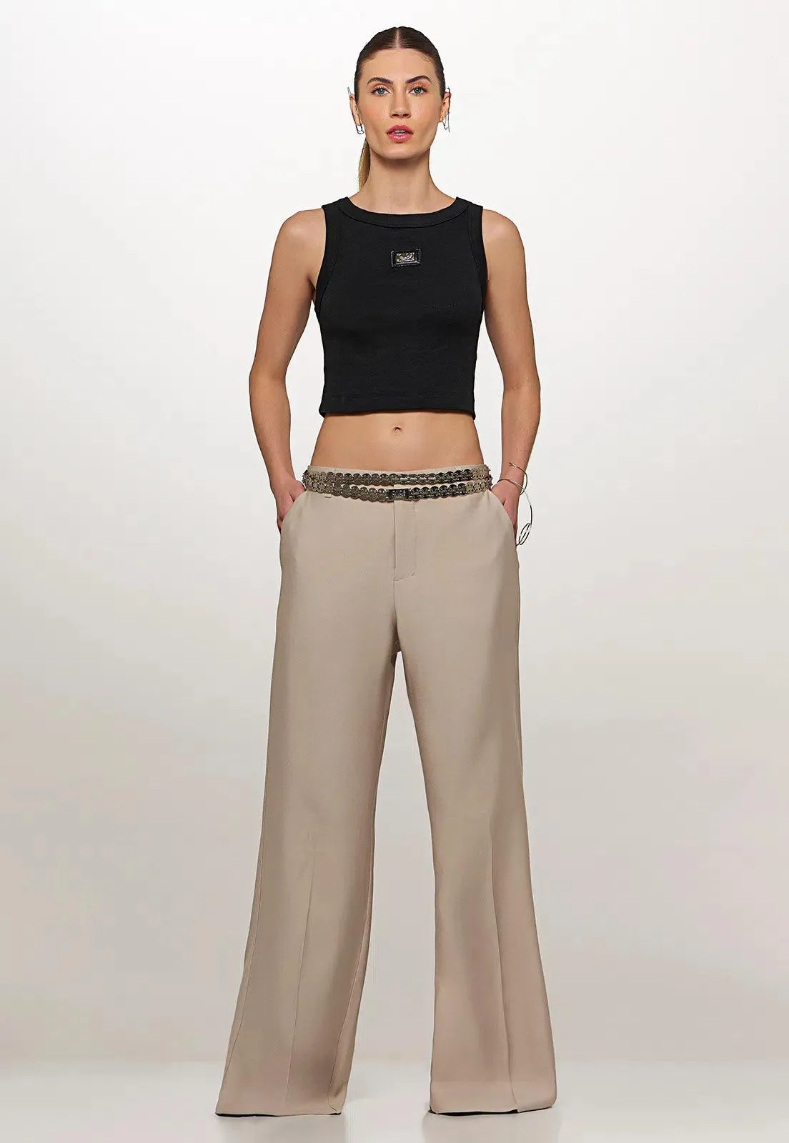 Ribbed Knit Crop Top with Leather Plaque