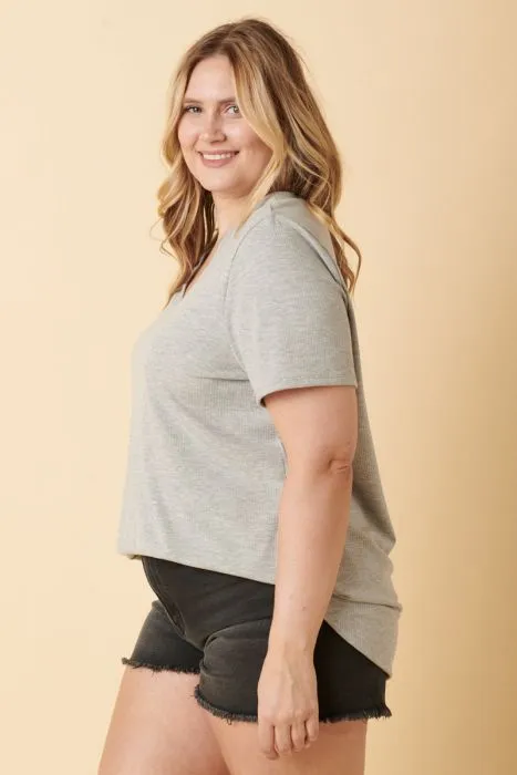 Ribbed V-Neck Top PLUS - Heather Grey