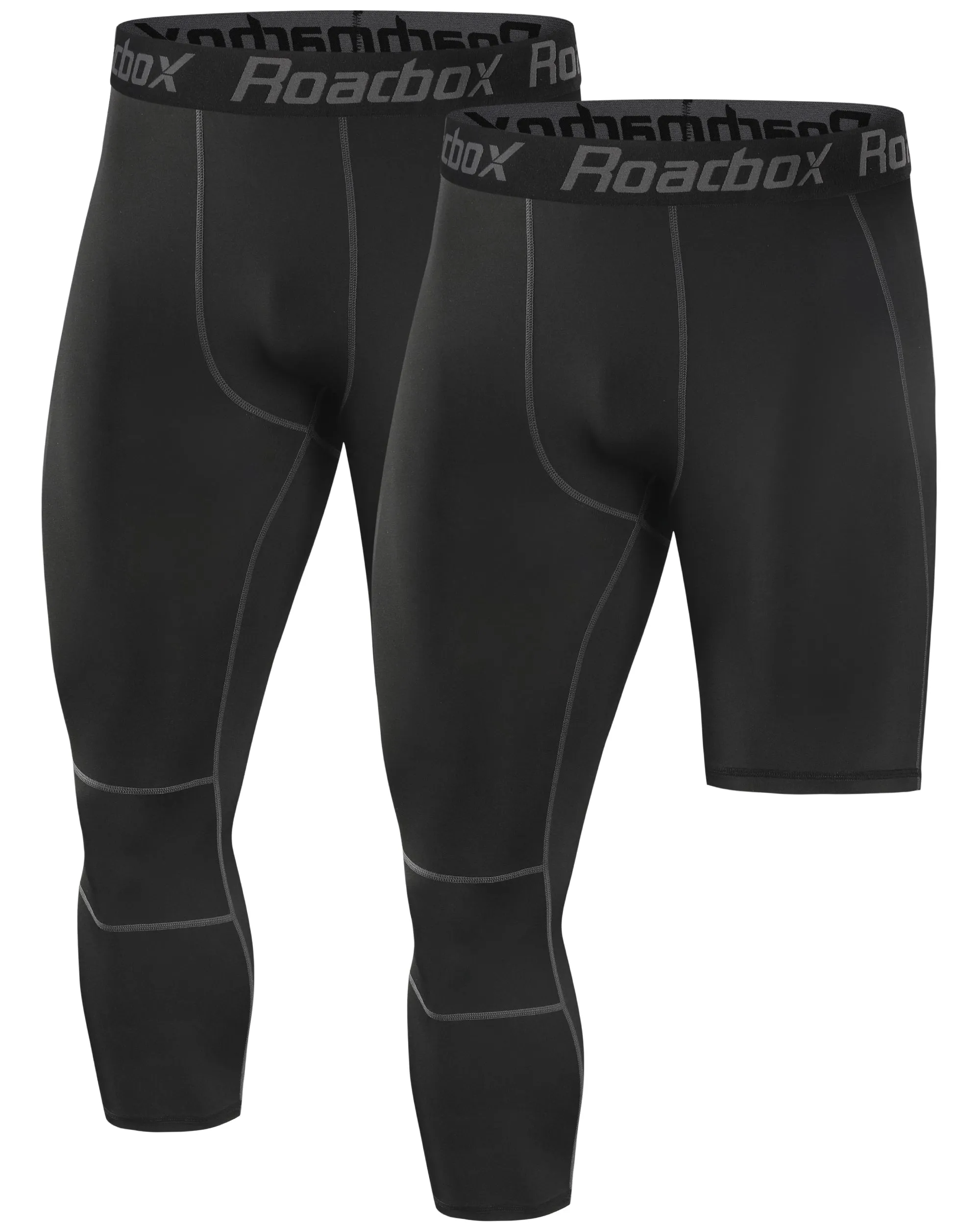 Roadbox 2 Pack Men's 3/4 One Leg Compression Pants - Basketball Athletic Running Tights Leggings Spandex Base Layer Underwear