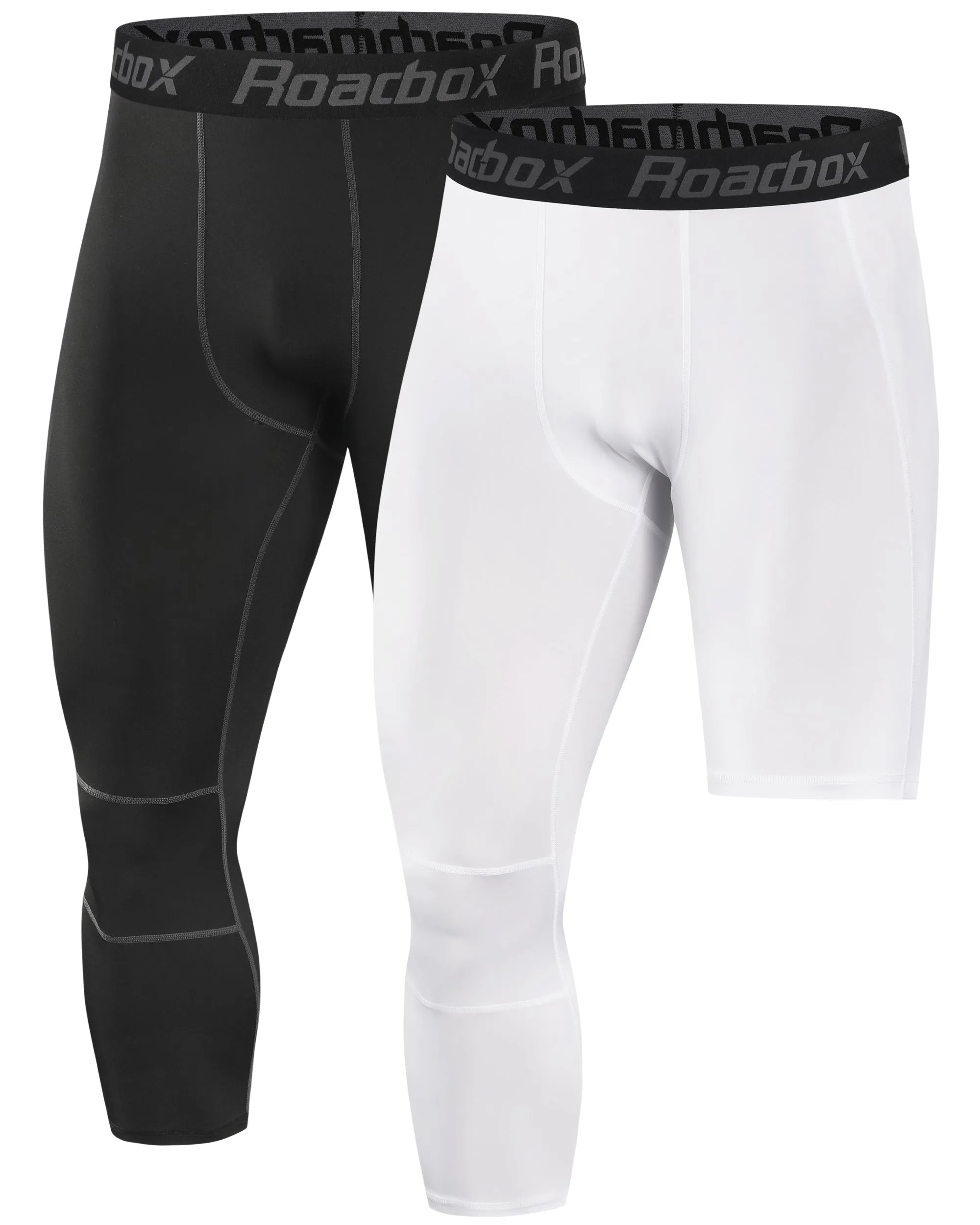 Roadbox 2 Pack Men's 3/4 One Leg Compression Pants - Basketball Athletic Running Tights Leggings Spandex Base Layer Underwear