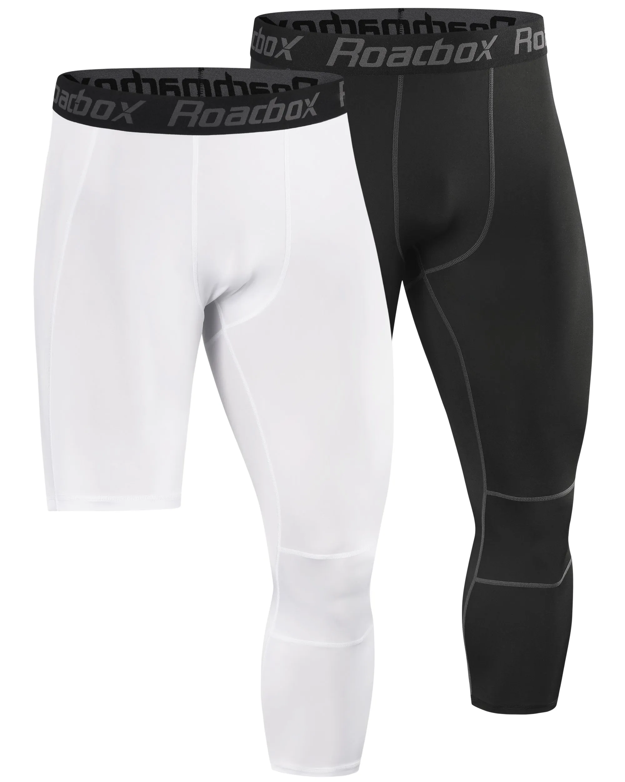Roadbox 2 Pack Men's 3/4 One Leg Compression Pants - Basketball Athletic Running Tights Leggings Spandex Base Layer Underwear