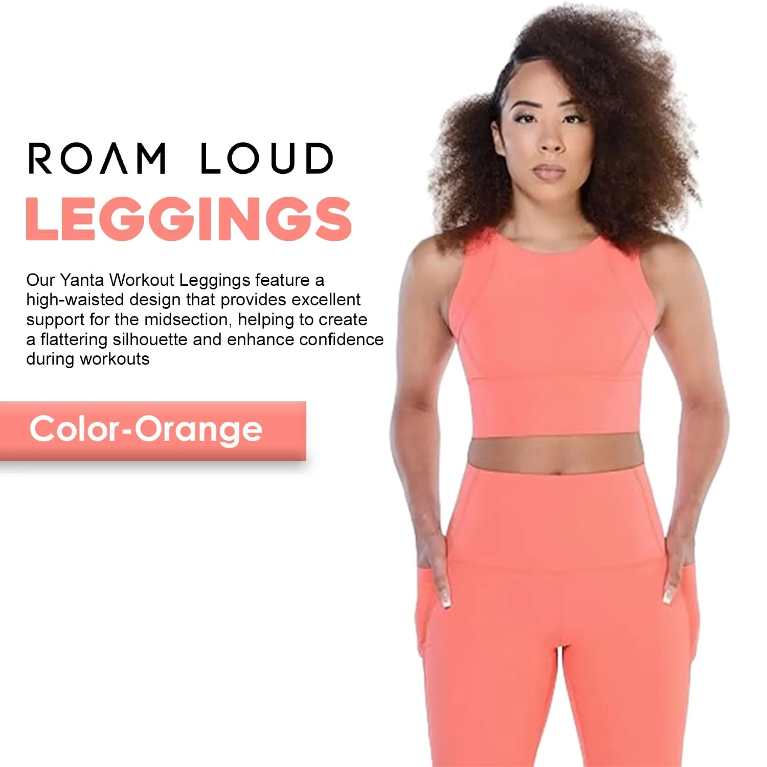 ROAM LOUD Yanta Workout Leggings | Orange M | Compression Leggings for Women | High Waisted Tummy Control Leggings with Pockets