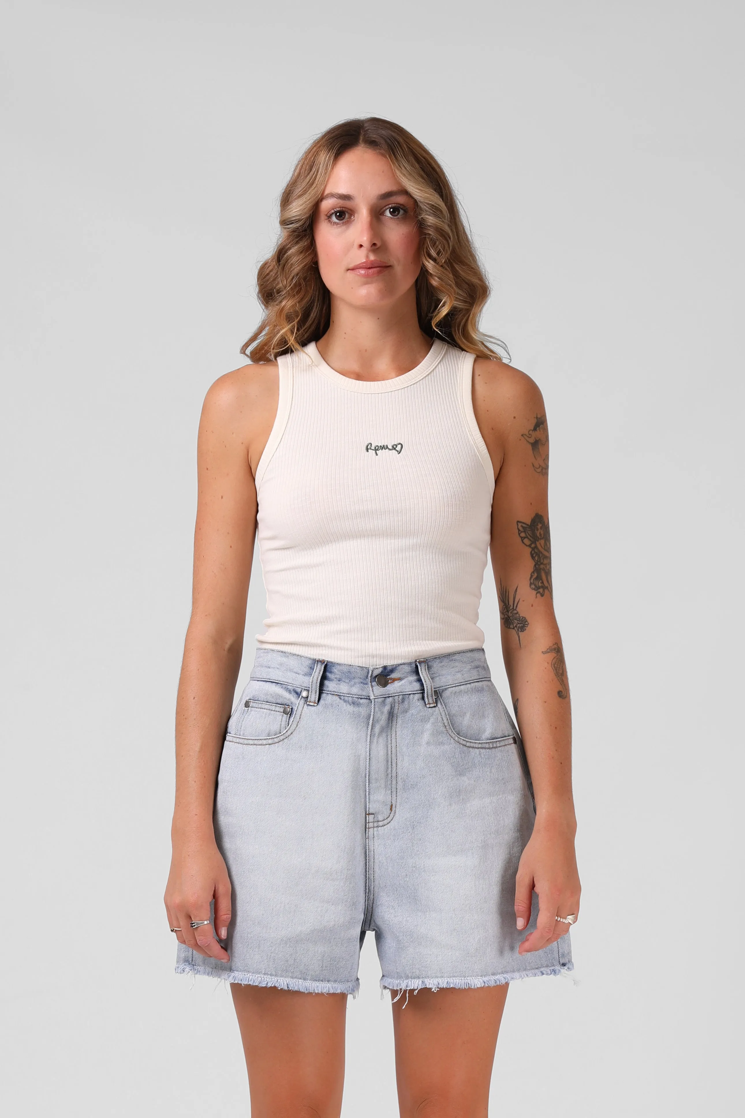 RPM Heart Ribbed Singlet -  Off White