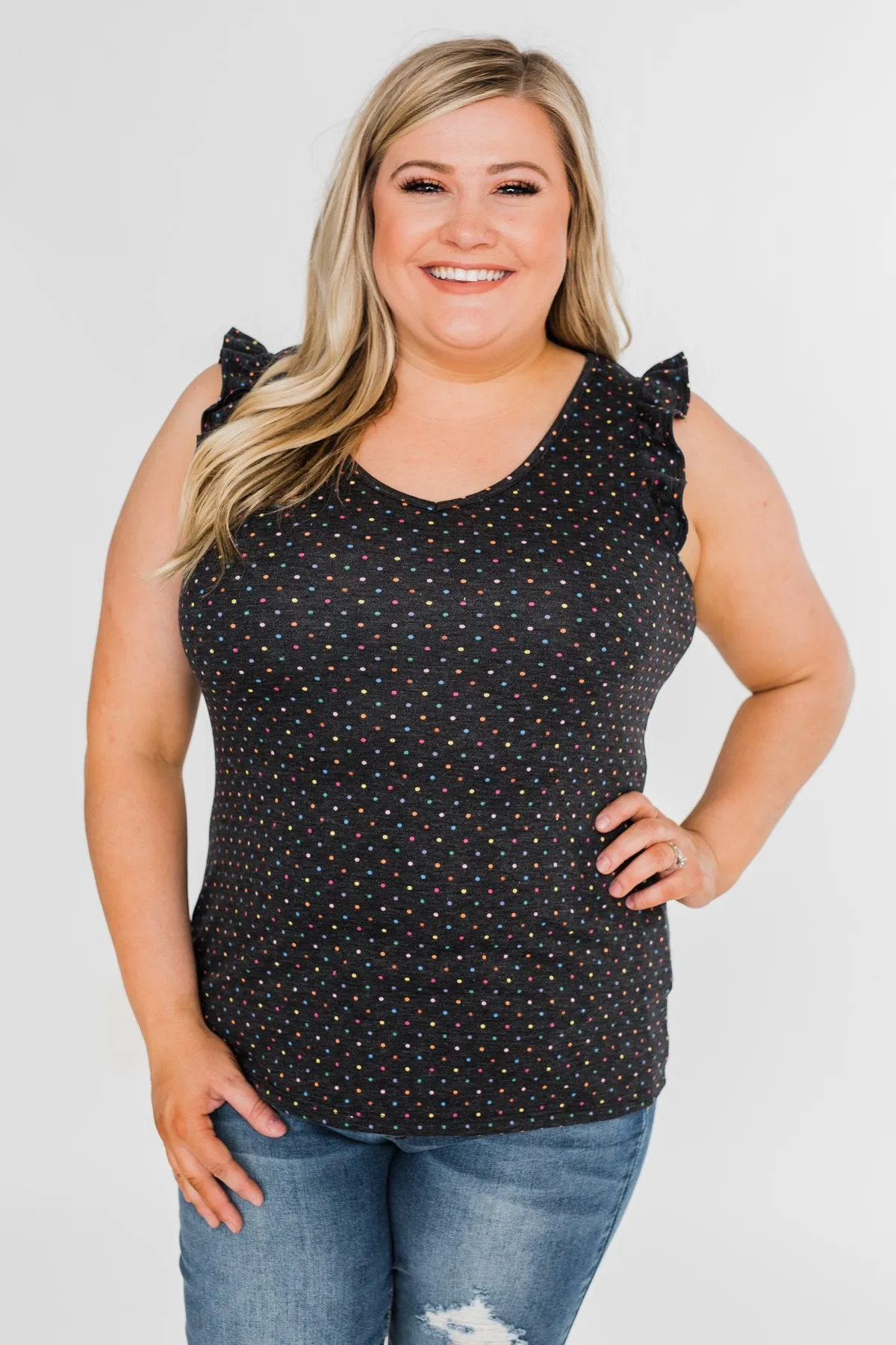Seeing Spots Ruffle Tank Top- Charcoal & Multi