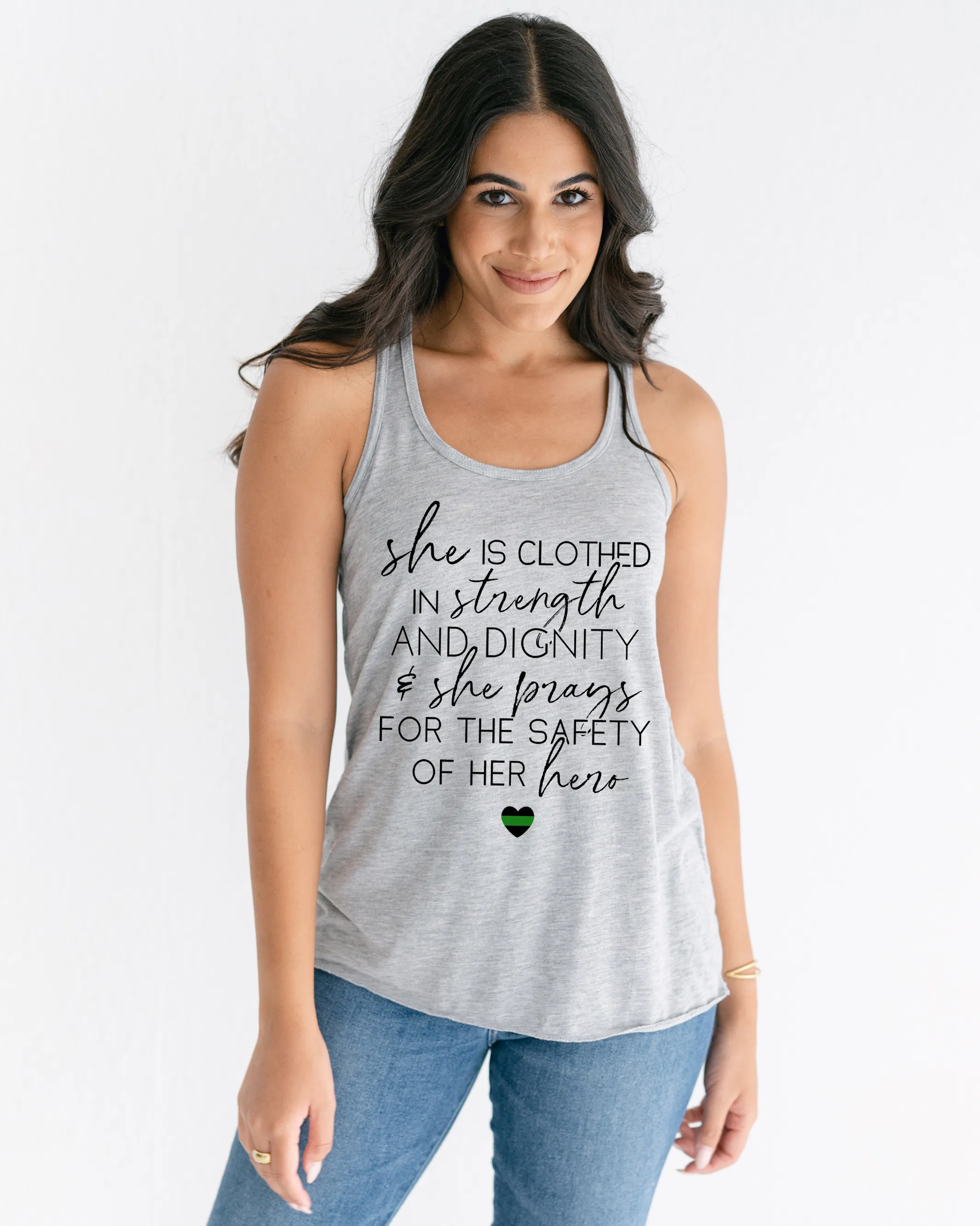She Prays For The Safety Of Her Hero © Flowy Racerback Tank (Thin Green Line)