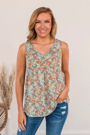 She's A Natural Floral Tank Top- Dusty Teal
