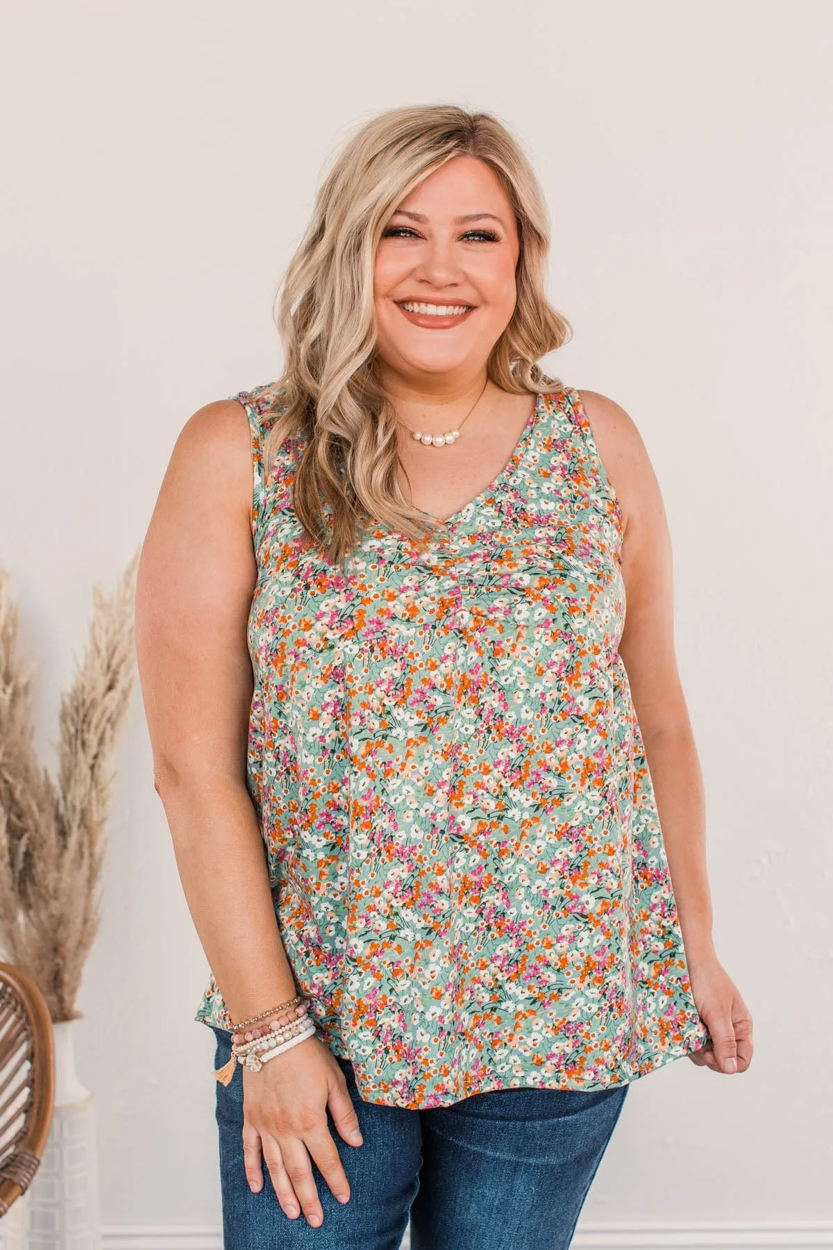 She's A Natural Floral Tank Top- Dusty Teal