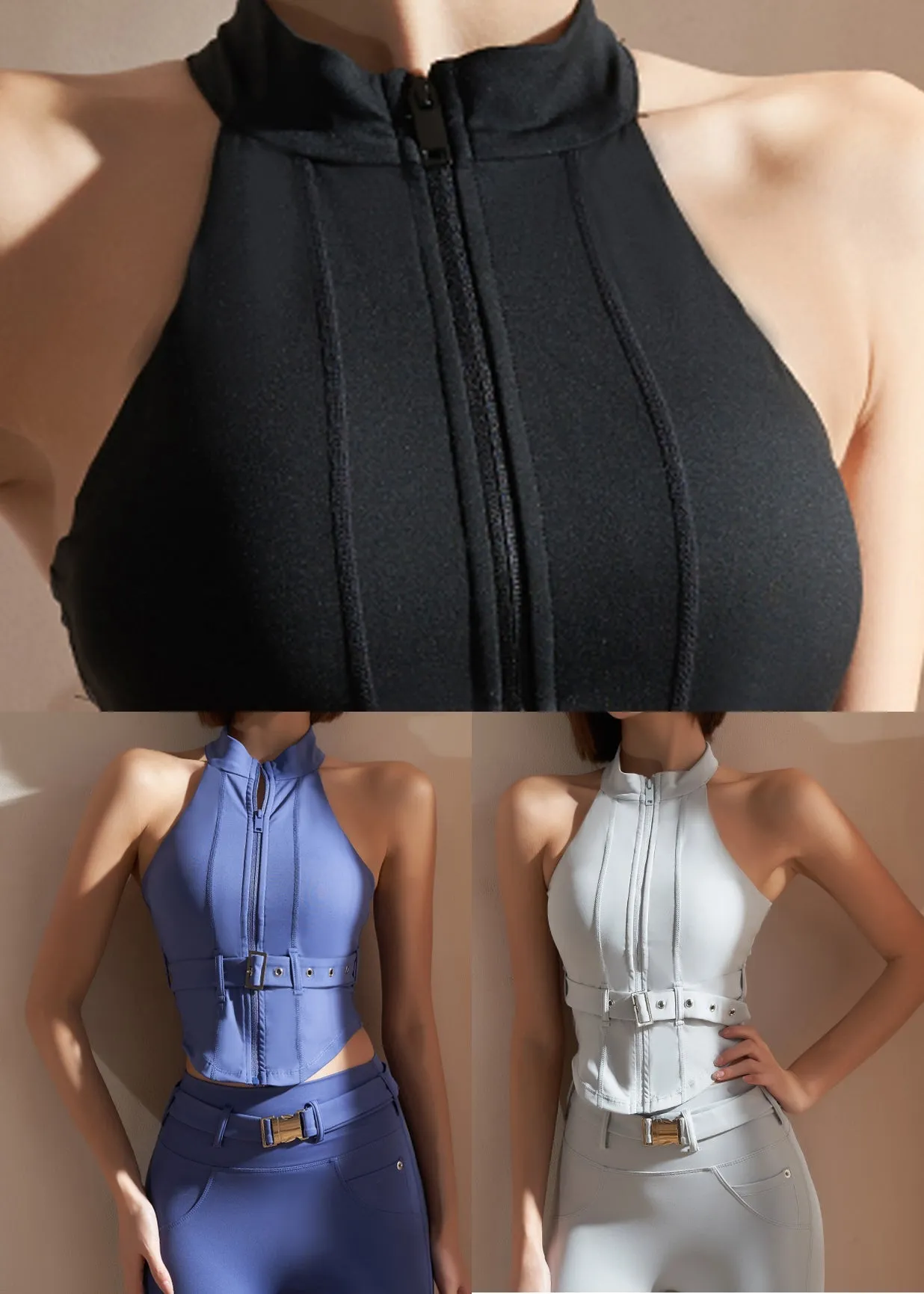 Solid Patchwork Yoga Tank Blue Tops Sashes