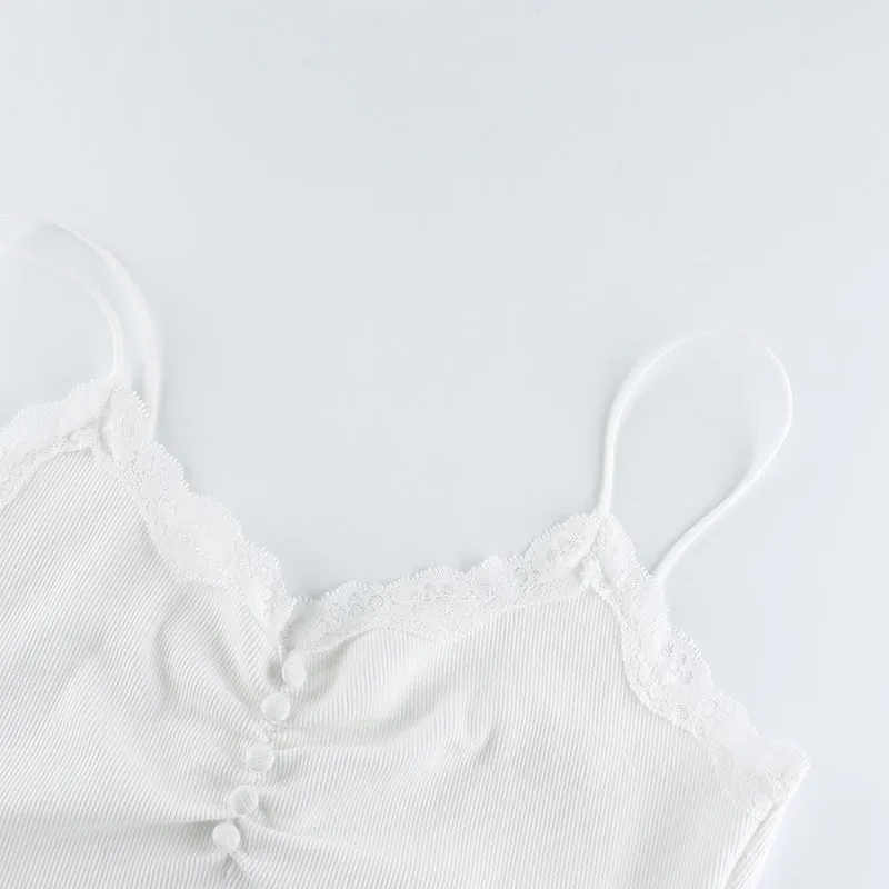 Streetwear Lace Summer White Tank Top Women Home Leisure Outfit Basic Casual Crop Tops