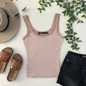 Stripe Lace Trim Top - Fawn/White