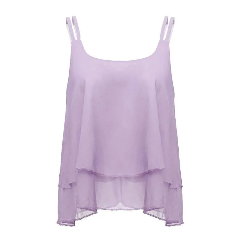 Style Fashion Women Tank Tops Casual Chiffon Double Layer Sleeveless Loose Solid Crop Top Plus Size S-4XL