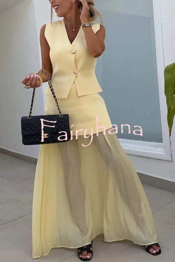 Stylish and Elegant Knit Gold Buttons V-neck Loose Vest