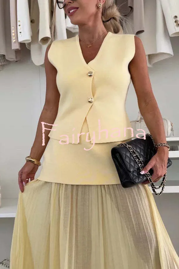 Stylish and Elegant Knit Gold Buttons V-neck Loose Vest