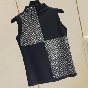 Summer Sleveless T-shirt Lady Slim Semi-high Collar Hot Drill Basic Shirts Female Personality Tops Girlall-match Black Shirts