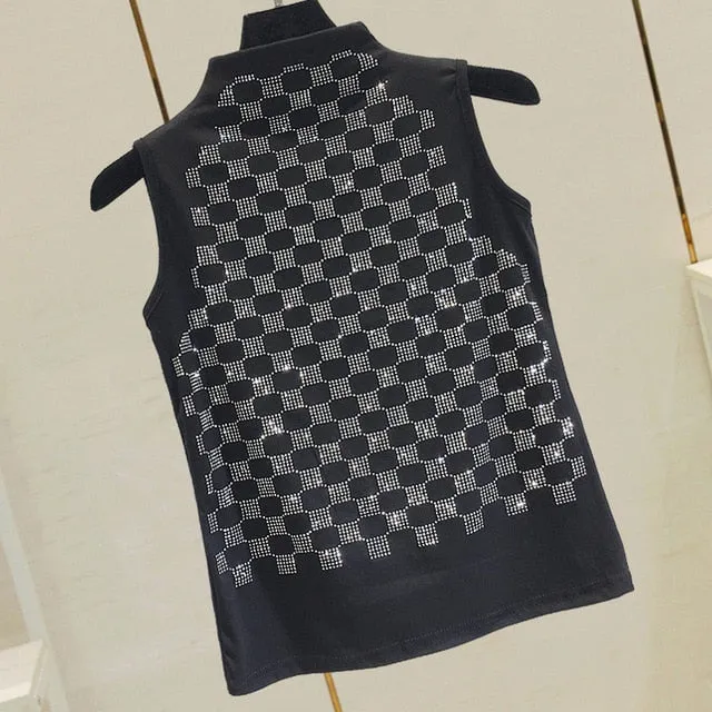 Summer Sleveless T-shirt Lady Slim Semi-high Collar Hot Drill Basic Shirts Female Personality Tops Girlall-match Black Shirts