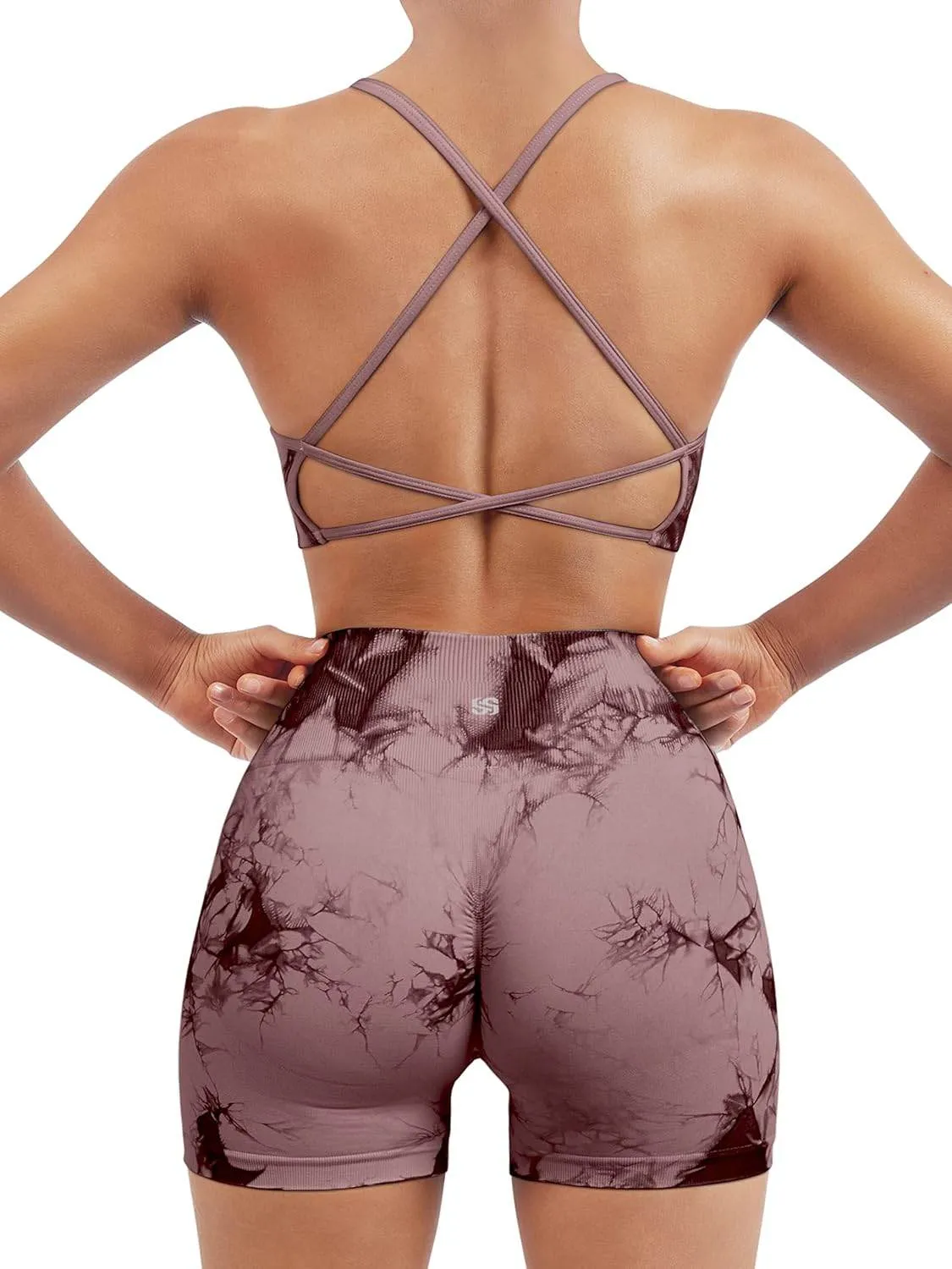 SUUKSESS Women Seamless Workout Sets Strappy Sports Bra High Waist Booty Shorts Outfits