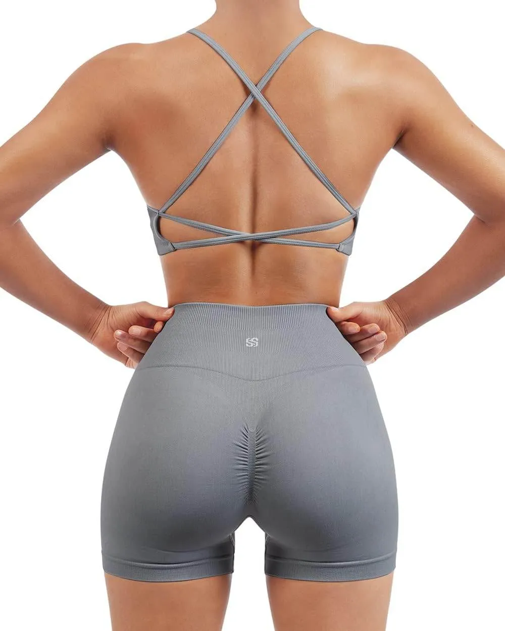 SUUKSESS Women Seamless Workout Sets Strappy Sports Bra High Waist Booty Shorts Outfits