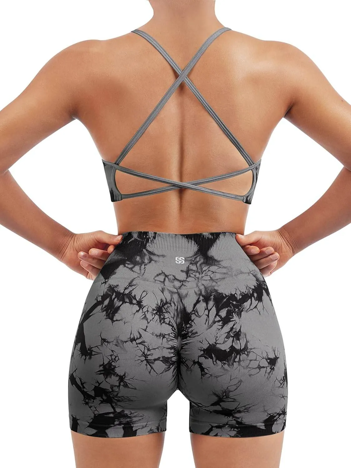 SUUKSESS Women Seamless Workout Sets Strappy Sports Bra High Waist Booty Shorts Outfits