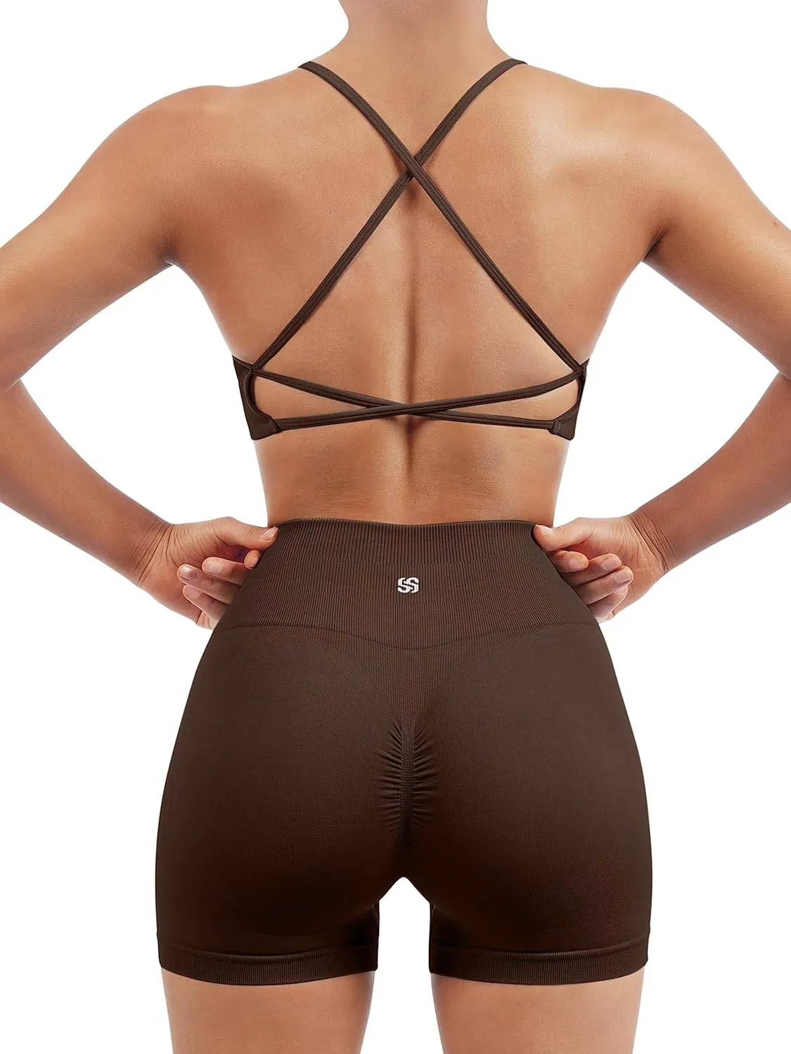 SUUKSESS Women Seamless Workout Sets Strappy Sports Bra High Waist Booty Shorts Outfits