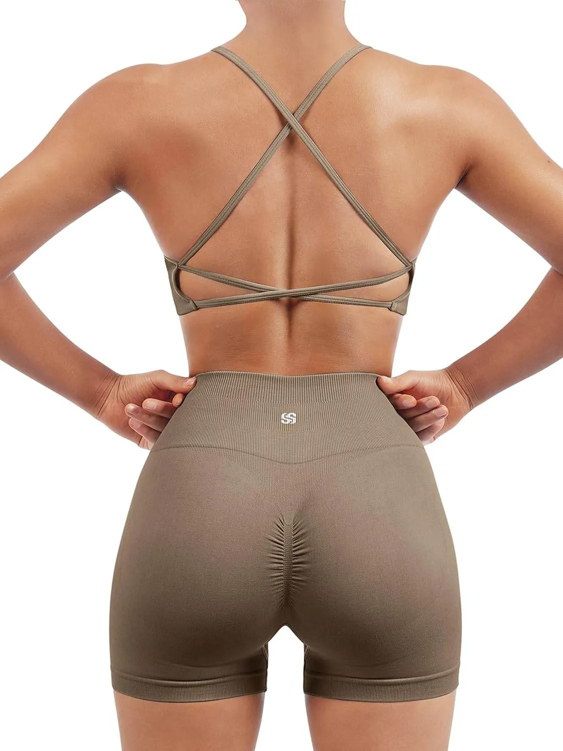 SUUKSESS Women Seamless Workout Sets Strappy Sports Bra High Waist Booty Shorts Outfits