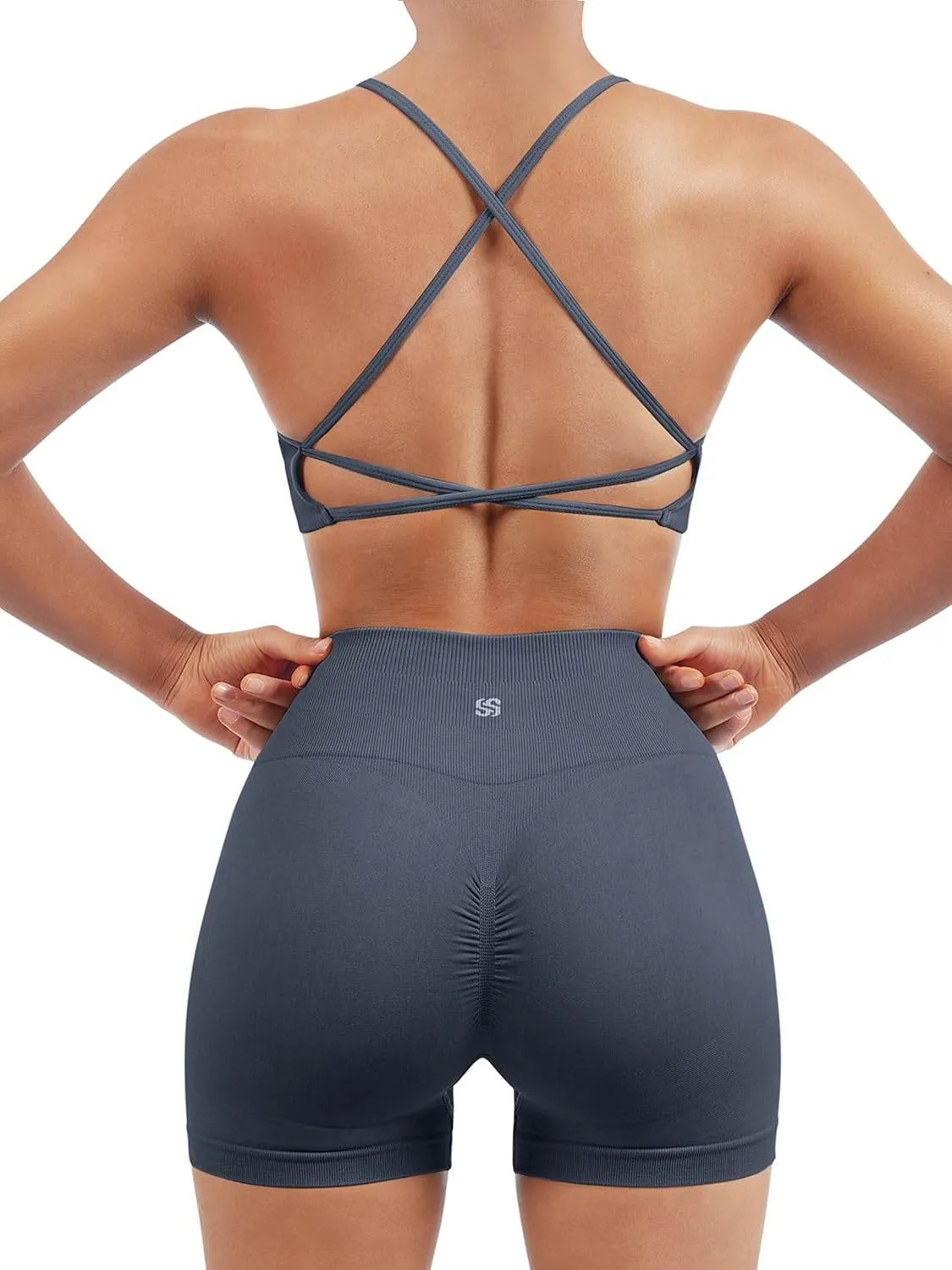 SUUKSESS Women Seamless Workout Sets Strappy Sports Bra High Waist Booty Shorts Outfits