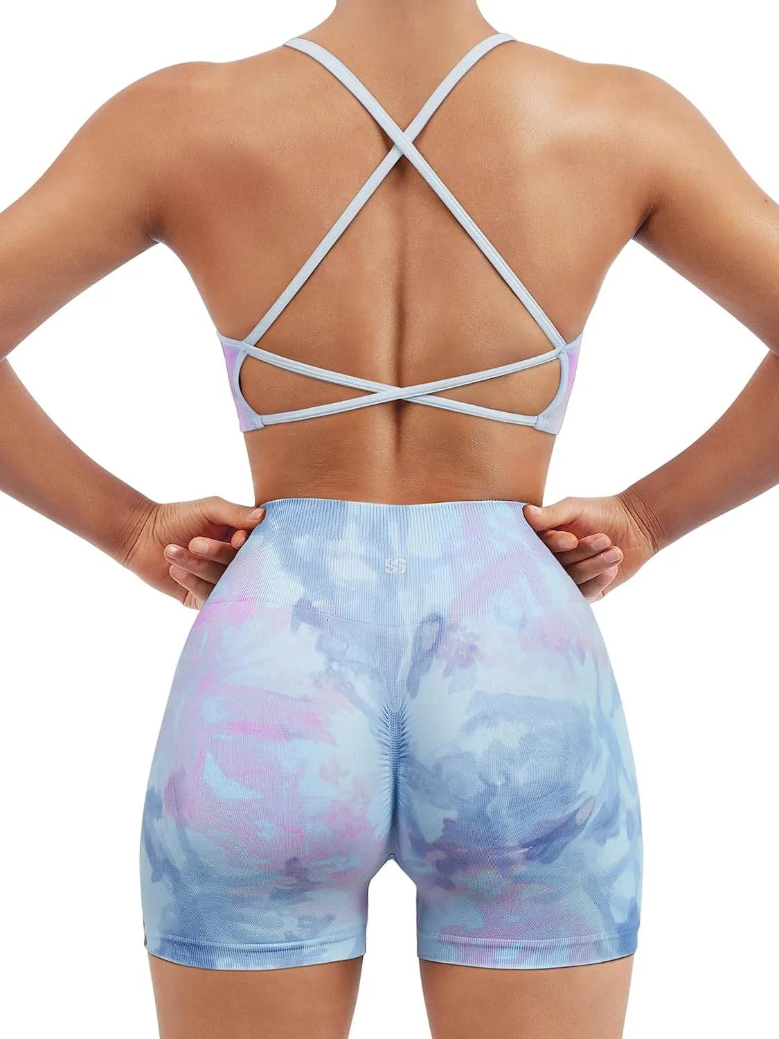 SUUKSESS Women Seamless Workout Sets Strappy Sports Bra High Waist Booty Shorts Outfits
