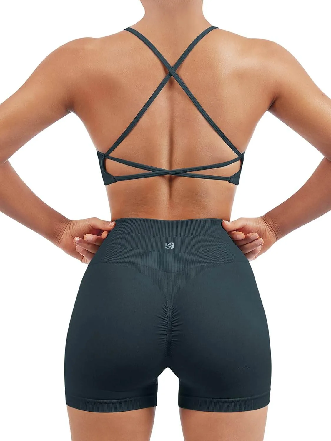 SUUKSESS Women Seamless Workout Sets Strappy Sports Bra High Waist Booty Shorts Outfits
