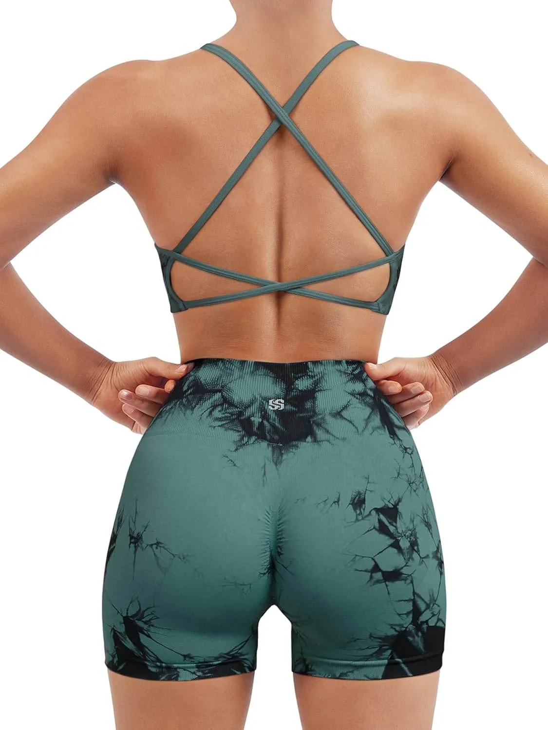 SUUKSESS Women Seamless Workout Sets Strappy Sports Bra High Waist Booty Shorts Outfits