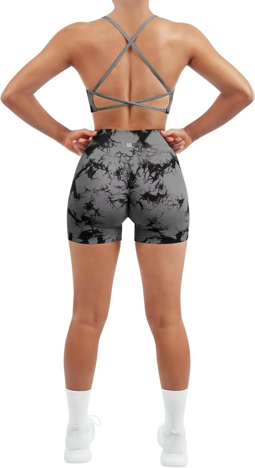 SUUKSESS Women Seamless Workout Sets Strappy Sports Bra High Waist Booty Shorts Outfits
