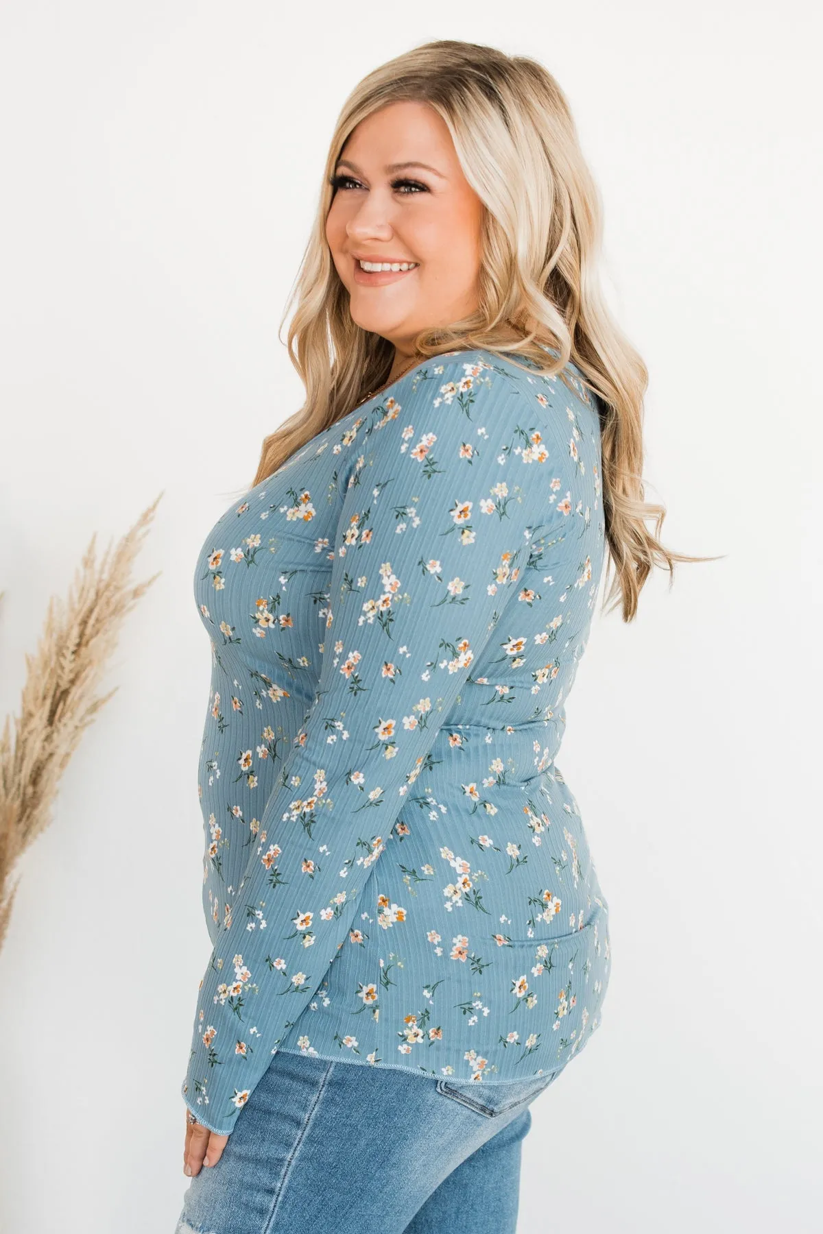 Sweet Aromas Floral Long Sleeve Top- Blue