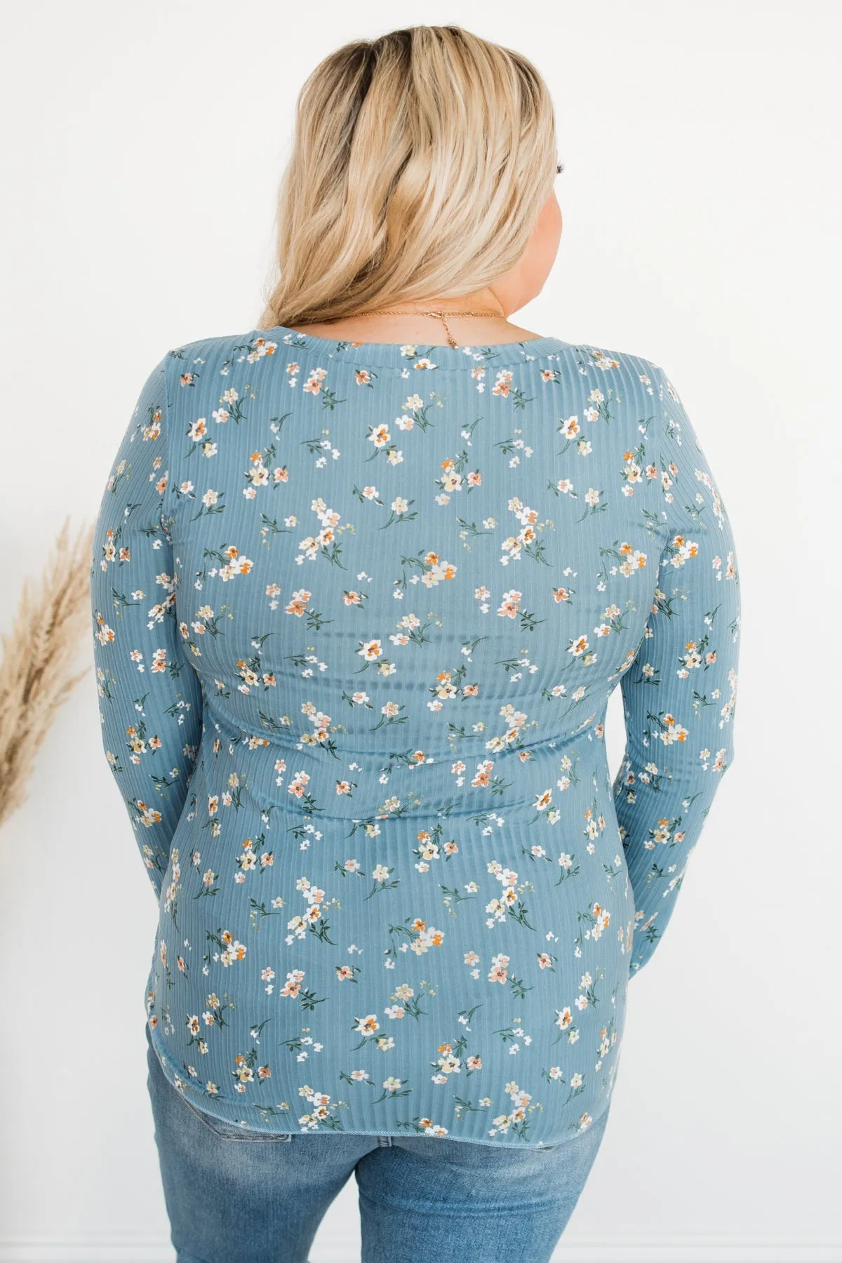 Sweet Aromas Floral Long Sleeve Top- Blue